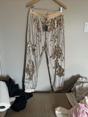 JLUXLABEL Cream Jogger Pants with Gold Sequin Accents